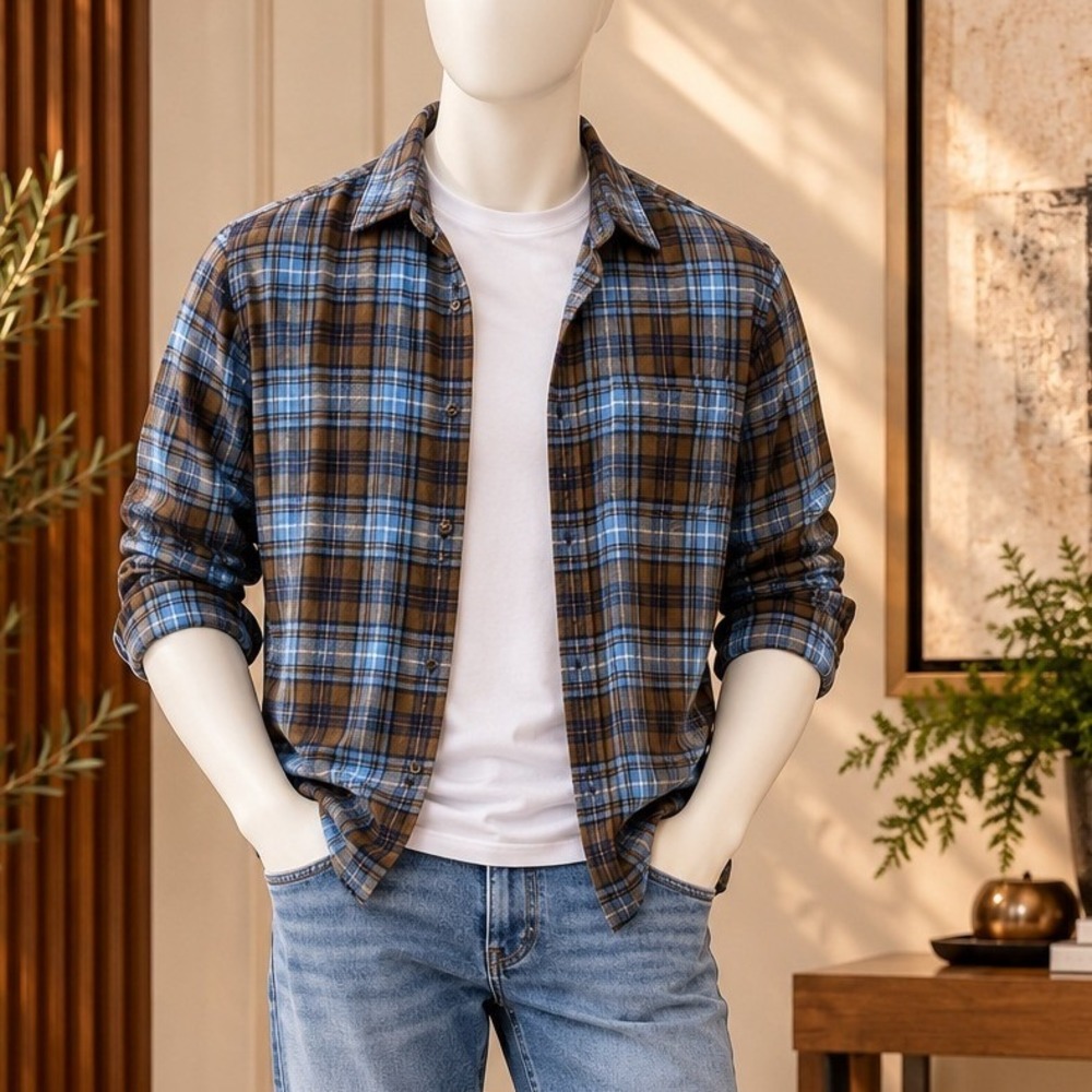 Eddie Bauer Mens Button Down Shirt Plaid Flannel Brown Blue XL